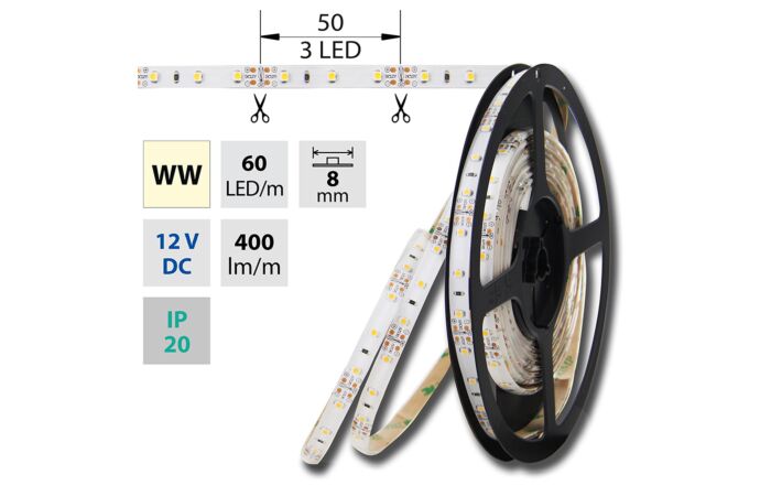 MCLED Pásek LED SMD teplá bílá  4,8W/m 12V IP20 5m