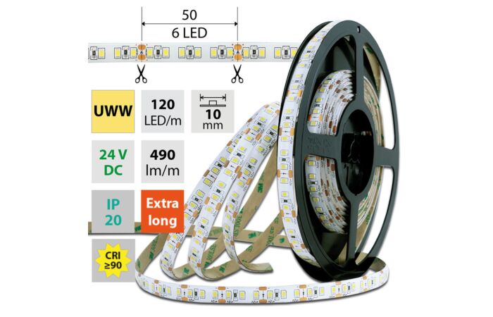 MCLED Pásek LED SMD2835 UWW, 120LED/m, 7W/m, 490lm/m, IP20, DC 24V, 10mm, 5m