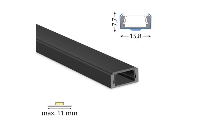 MCLED Profil AL 16x8mm, PG2 přisazený, černý difuzor, komplet, 2m černá