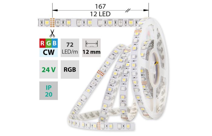 MCLED Pásek LED SMD5050 RGB+CW, 72LED/m, 17,2W/m, 1125lm/m, IP20, DC 24V, 12mm, 50m