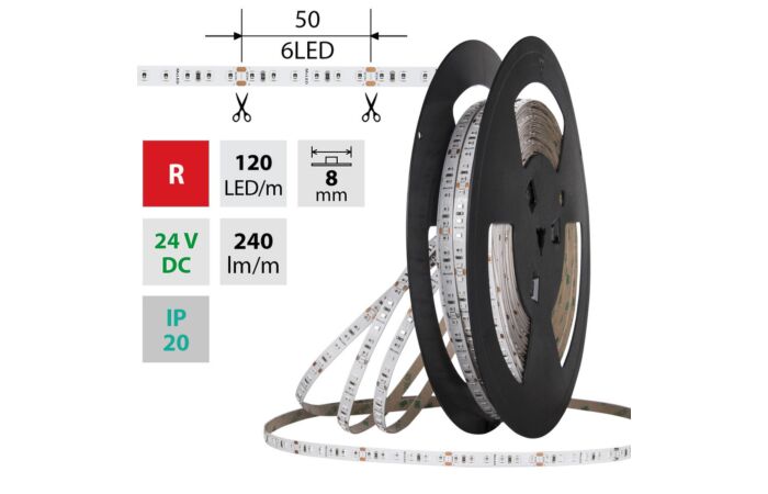 MCLED Pásek LED SMD2835 R, 120LED/m, 9,6W/m, DC 24V, 240lm/m, IP20, 8mm, 50m
