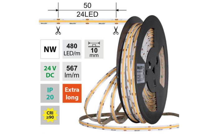 MCLED Pásek LED COB NW, 480LED/m, 5W/m, DC 24V, 567lm/m, CRI90, IP20, 10mm, 5m