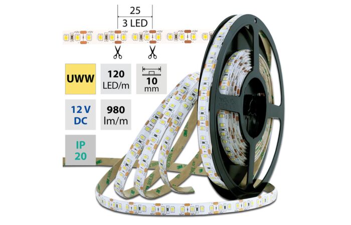 MCLED Pásek LED SMD2835 UWW, 120LED/m, 14W/m, 980lm/m, IP20, DC 12V, 10mm, 50m
