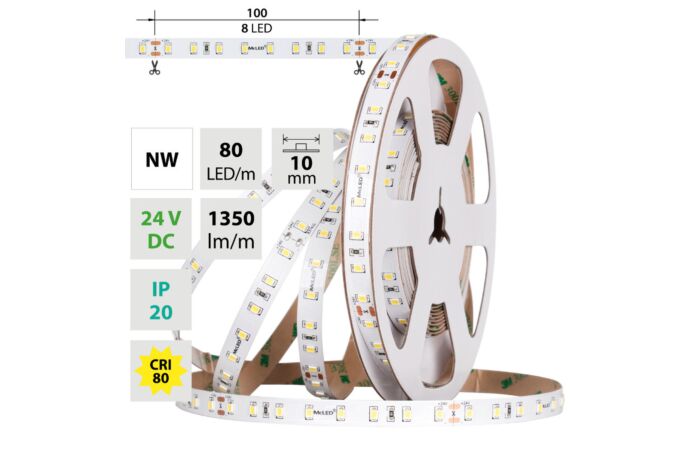 MCLED Pásek LED SMD2835 NW, 80LED/m, 7,2W/m, DC 24V, 1350lm/m, CRI90, IP20, 10mm, 50m