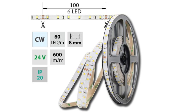 MCLED LED pásek SMD2835 studeně bílý, 60LED/m, IP20, DC 24V, 8mm, 30m