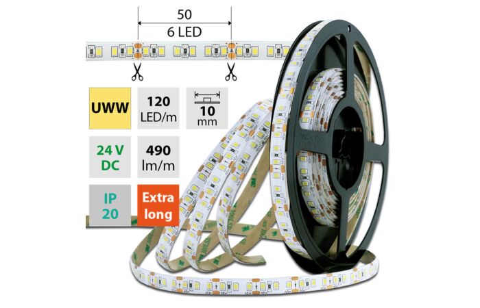 MCLED Pásek LED SMD2835 UWW, 120LED/m, 7W/m, 490lm/m, IP20, DC 24V, 10mm, 5m