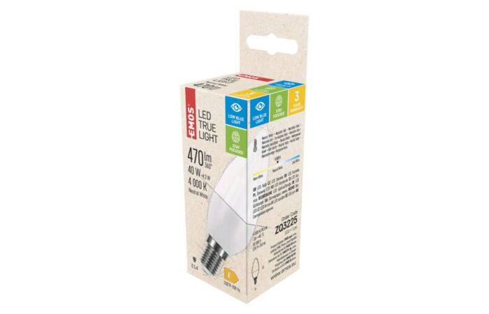 EMOS Žárovka LED 4,2W-40 E14 470lm 4000K 260° True Light svíčka