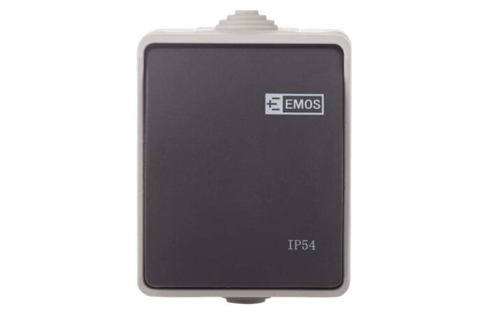 EMOS Vypínač schodišťový č.1,6 A1398 250V/10A nástěnný 1 tlačítko šedo-černá IP54