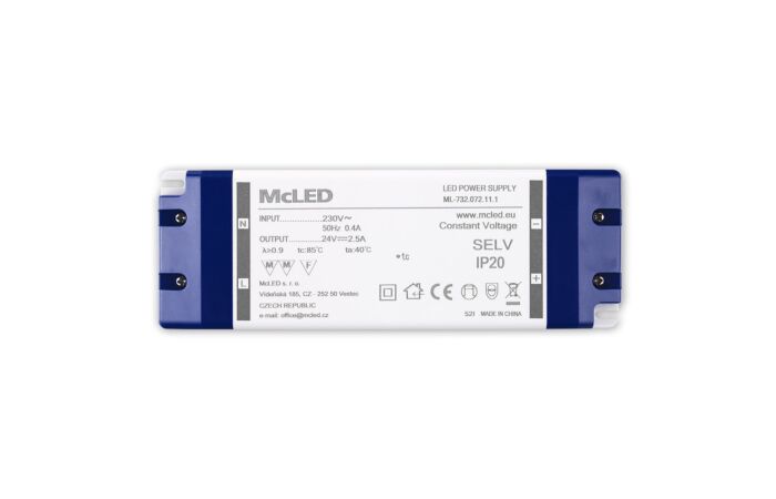 MCLED Napaječ  LED 24V/2,5A ML-732.072.11.1 IP20, plastové provedení se svorkovnicí