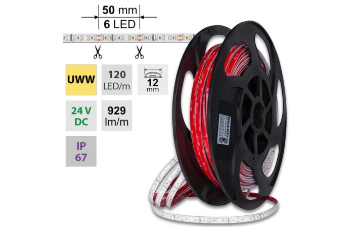 MCLED Pásek LED SMD2835 EWW, 120LED/m, 14W/m, DC 24V, 929lm/m, CRI90, IP67, 12mm, 50m