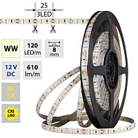 MCLED Pásek LED SMD2835 WW, 120LED/m, 9,6W/m, DC 12V, 610lm/m, CRI90, IP54, 8mm, 5m