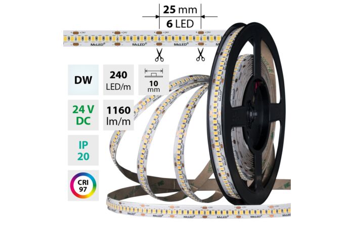 MCLED Pásek LED SMD2835 DW, 240LED/m, 14,4W/m, DC 24V, 1160lm/m, CRI97, IP20, 10mm, 50m