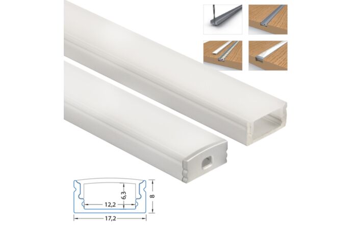 MCLED Profil AL 17x8mm, PQ přisazený, mléčný difuzor, komplet, 3m