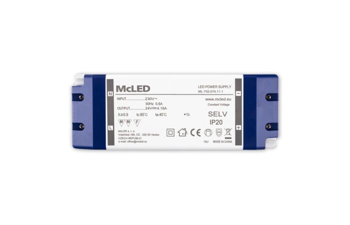 MCLED Napaječ  LED 24V/4,16A ML-732.074.11.1 IP20, plastové provedení se svorkovnicí