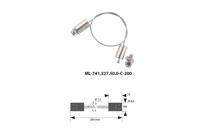 MCLED Závěs lankový 1,2x200mm ocelový, zakončený válečkem 14x8,8mm M4