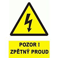 Samolepicí tabulka POZOR ZPĚTNÝ PROUD, A7 F