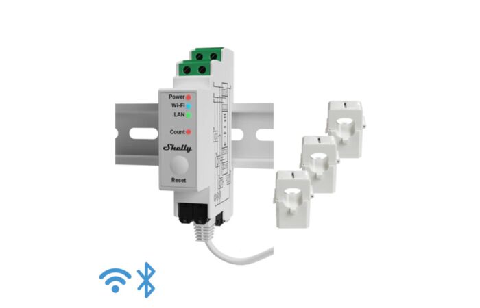 SHELLY Elektroměr Shelly Pro 3EM 120A 3-f&aacute;zov&yacute;, 1xRJ45, vč. 3 svorek, 120A, WiFi, LAN