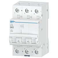 OEZ Jistič In 63 A, Ue AC 230/400 V / DC 180 V, charakteristika D, 3pól, Icn 10 kA  typ LTS-63D-3