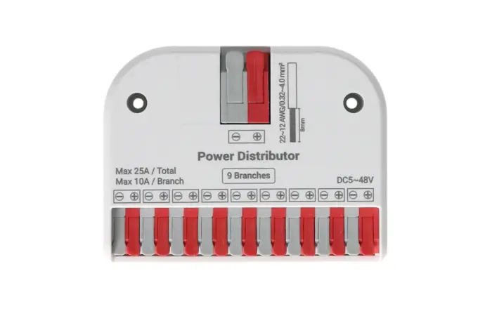 MCLED Distributor napájení (rozbočovač) – 1 vstup, 9 výstupů (Single color), max. 25A, 5–48VDC, bílý, IP20
