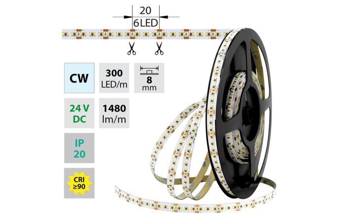 MCLED Pásek LED SMD2216 CW, 300LED/m, 18W/m, DC 24V, 1480lm/m, CRI90, IP20, 8mm, 30m