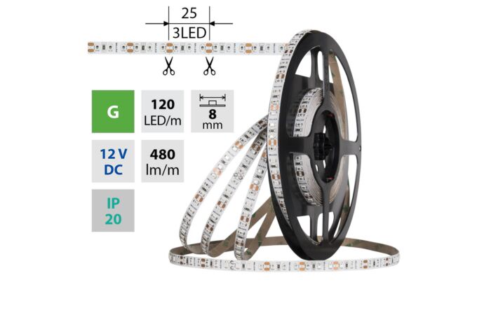 MCLED Pásek LED SMD2835 G, 120LED/m, 9,6W/m, DC 12V, 480lm/m, IP20, 8mm, 50m