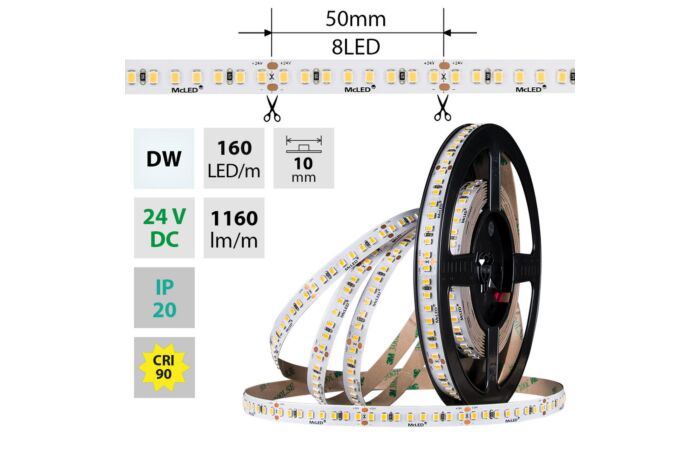 MCLED Pásek LED SMD2835 DW, 160LED/m, 9W/m, DC 24V, 1160lm/m, CRI90, IP20, 10mm, 50m