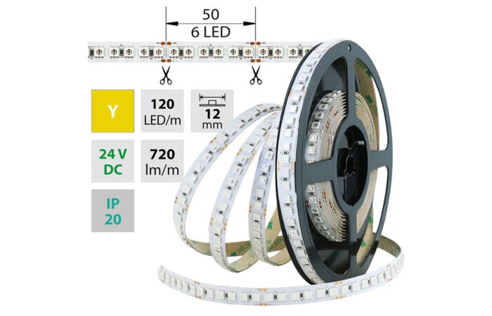 MCLED Pásek LED SMD5050 Y, 120LED/m, 28,8W/m, 720lm/m, IP20, DC 24V, 12mm, 50m