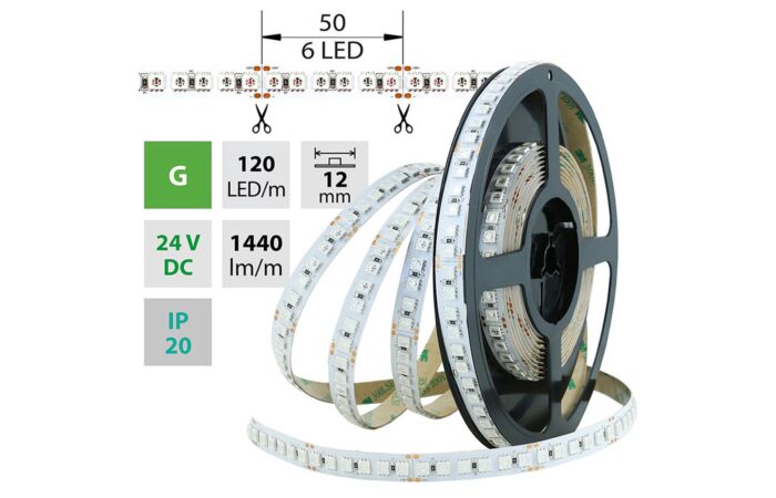 MCLED Pásek LED SMD5050 G, 120LED/m, 28,8W/m, 1440lm/m, IP20, DC 24V, 12mm, 50m