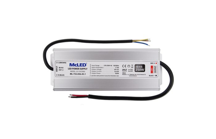 MCLED Napaječ LED 250W, DC24V/10,42A, hliníkové provedení, IP67