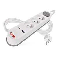 EMOS Prodlužovací přívod 2m, 3 x 1,5 mm² s USB A+C nabíječkou 3,1A, bílo-šedá, vypínač