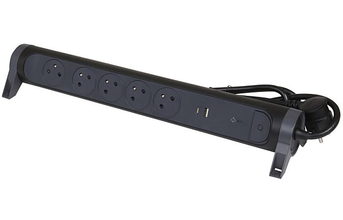 LEGRAND Přívod prodlužovací 1,5m 5zásuvka 230V/16A 5X2P+T, 2xUSB přepěťová ochrana IP20 černá/tm.šedá