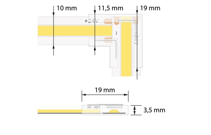 MCLED Spojka rohová dvou jednobarevných LED pásků šíře 10 mm, 2 piny, max. 5,5 A